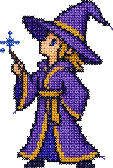 Mage bertopi runcing ungu dengan tongkat sihir kecil